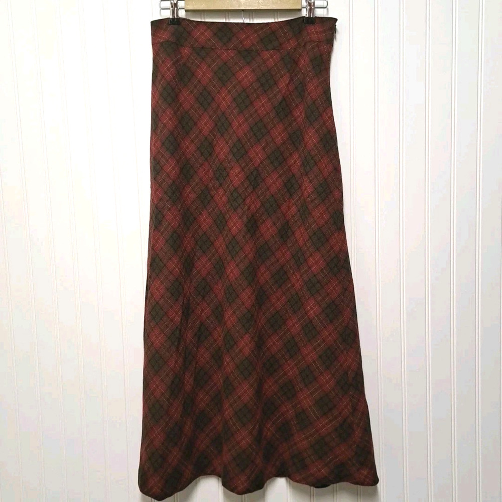 VTG NWT Gap Maxi Skirt Womens 12 Red Brown Plaid Wool Blend Equestrian Country